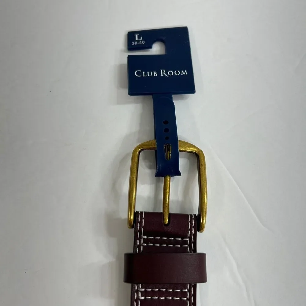 Club‎ Room Double-Stitch Belt Mens Large 38-40 Burgundy Leather Gold Buckle